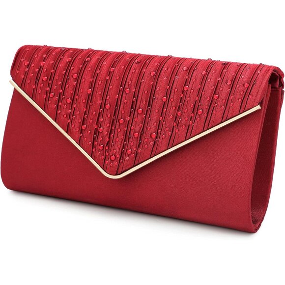 ⚡ Women's Evening Rhinestones Envelope Style Chain Strap Red Clutch Handbag - Picture 3 of 6